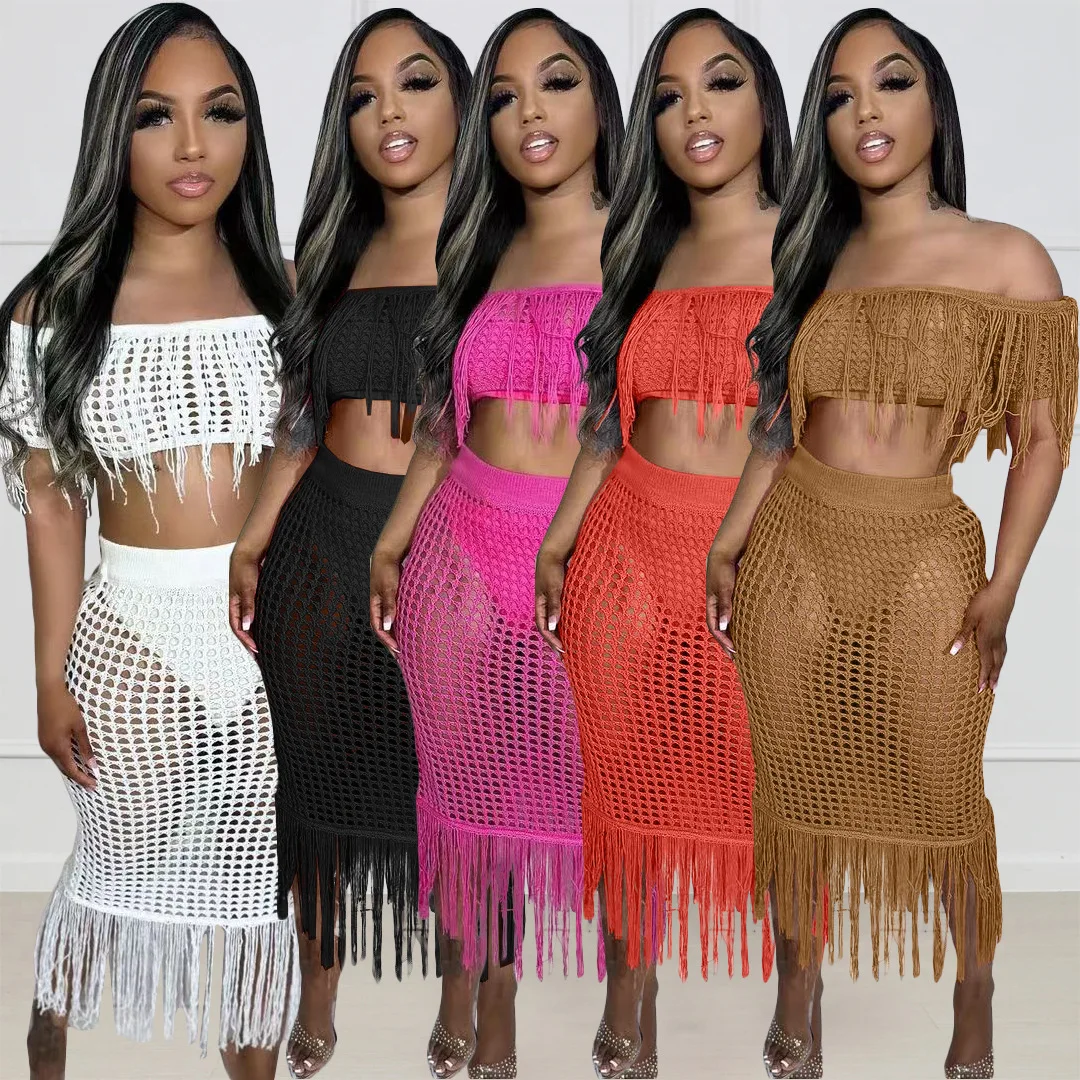 

Hook Design Crochet Tassel Skirt Set Beach Wear Two Piece Dress Women Summer Hollow Out 2 Pieces Matching Sets Skirts Outfits