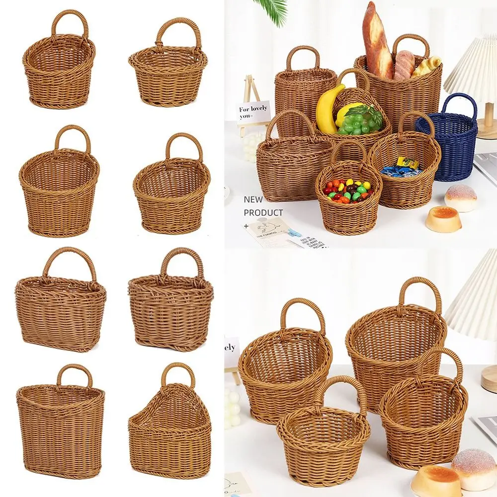 Imitation Rattan Kitchen Storage Basket Home Decoration with Handle Hand-woven Hanging Baskets Vegetable Fruit Flower Brown 2