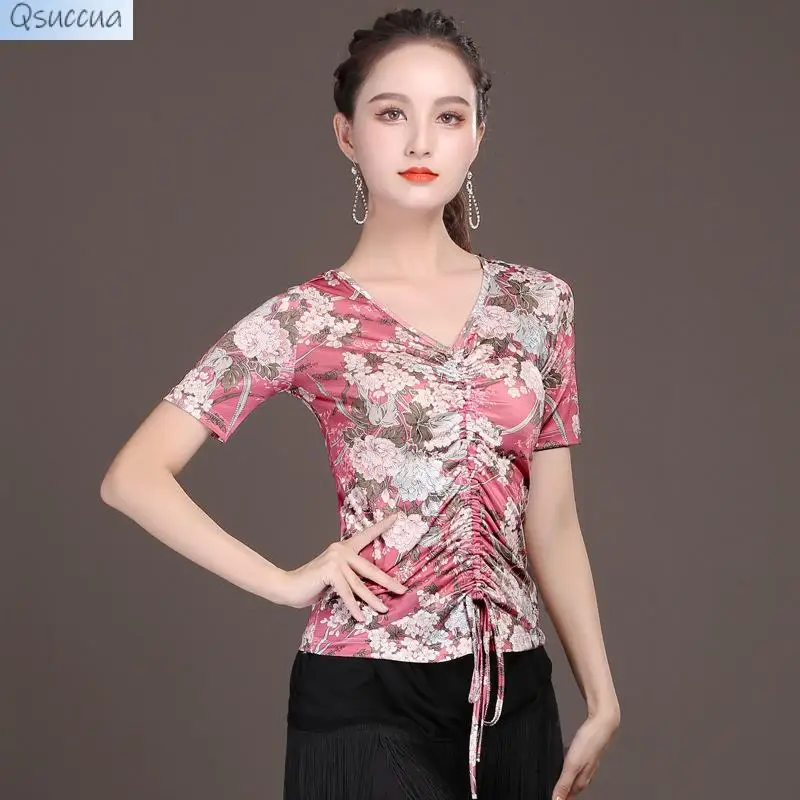 

New Modern Dance Short-Sleeved Ice Silk Printed Blouse Square Dance Costume
