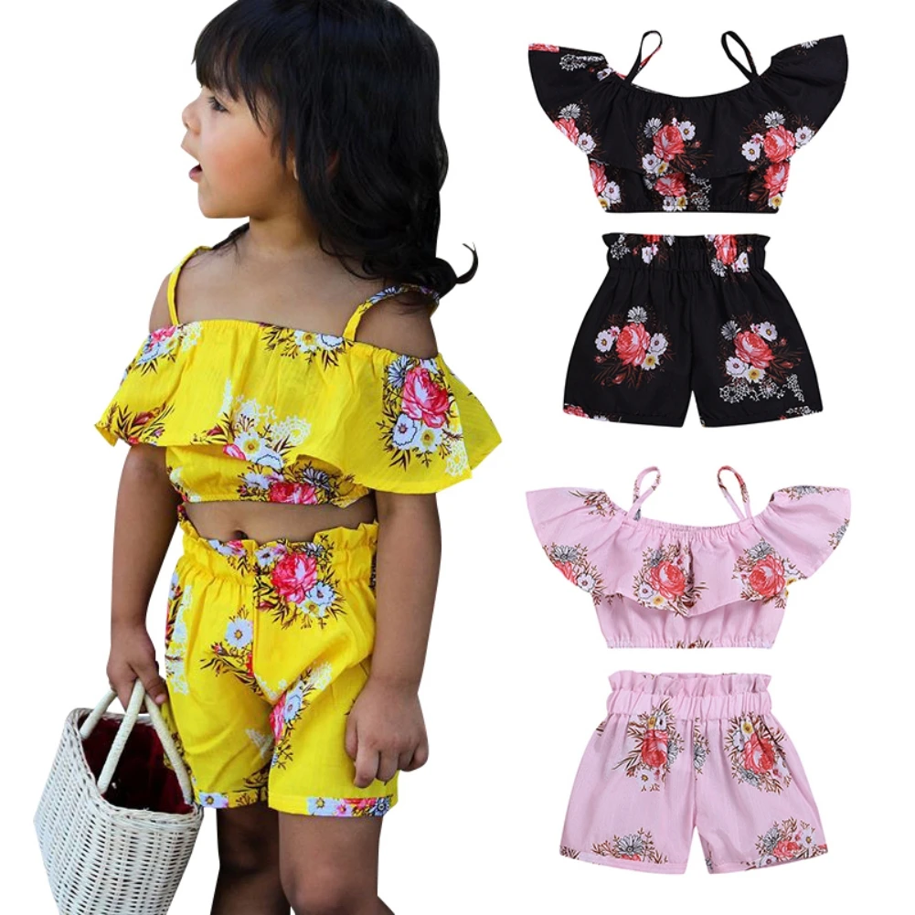 

Baywell Summer Girls Suspenders Floral Tops Shorts Set Girl Clothes Set Casual Suit