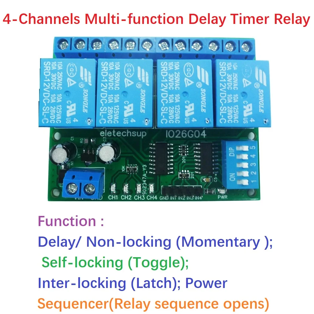 다기능 지연 릴레이 타임 스위치, PLC 모듈 전원 조절기 시퀀서, 켜기/끄기, 4ch DC 5V, 12V, 24V