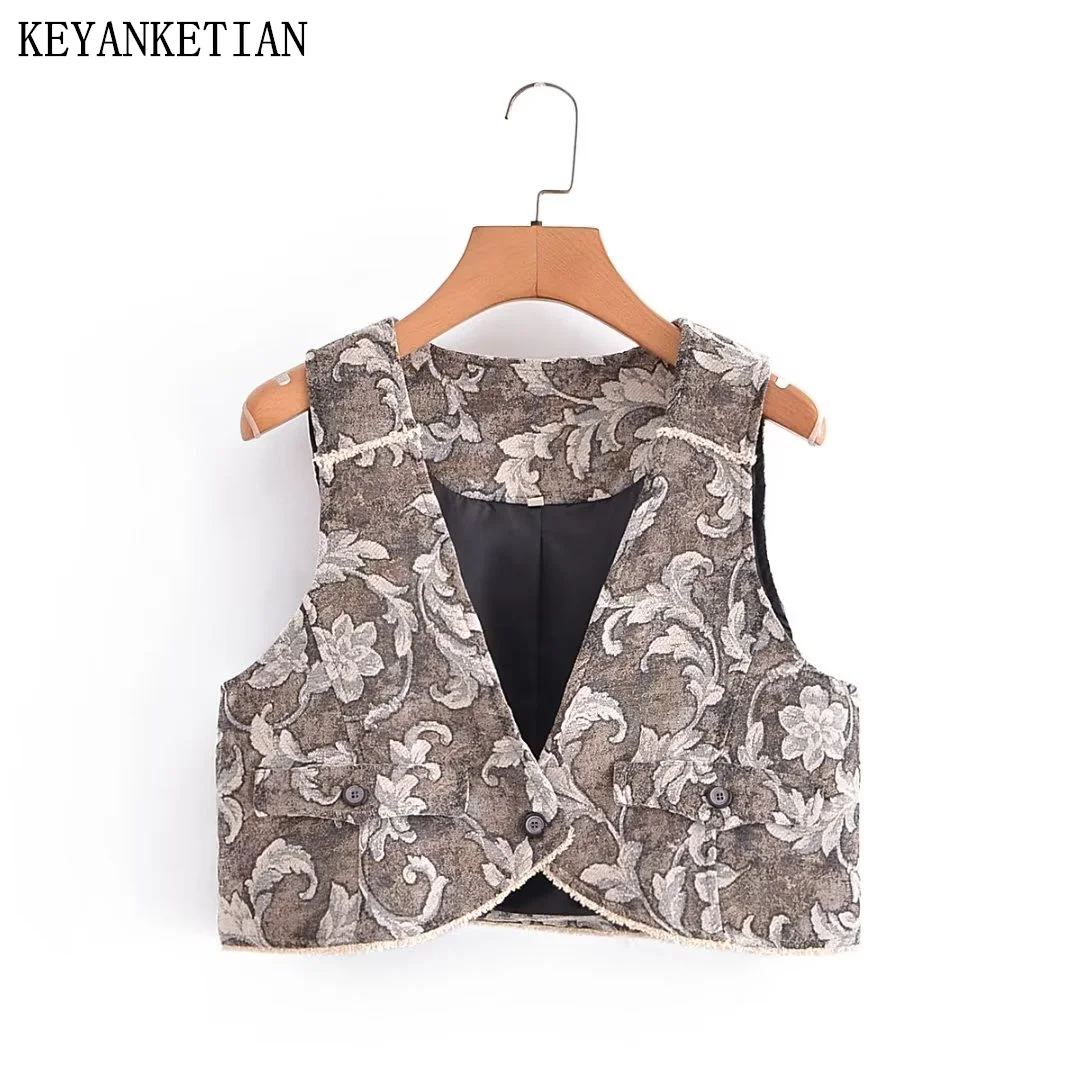 

KEYANKETIAN Autumn New Women's Garden Jacquard Short Waistcoat Vest Retro Style Asymmetrical Fringe Decoration Loose Outerwear