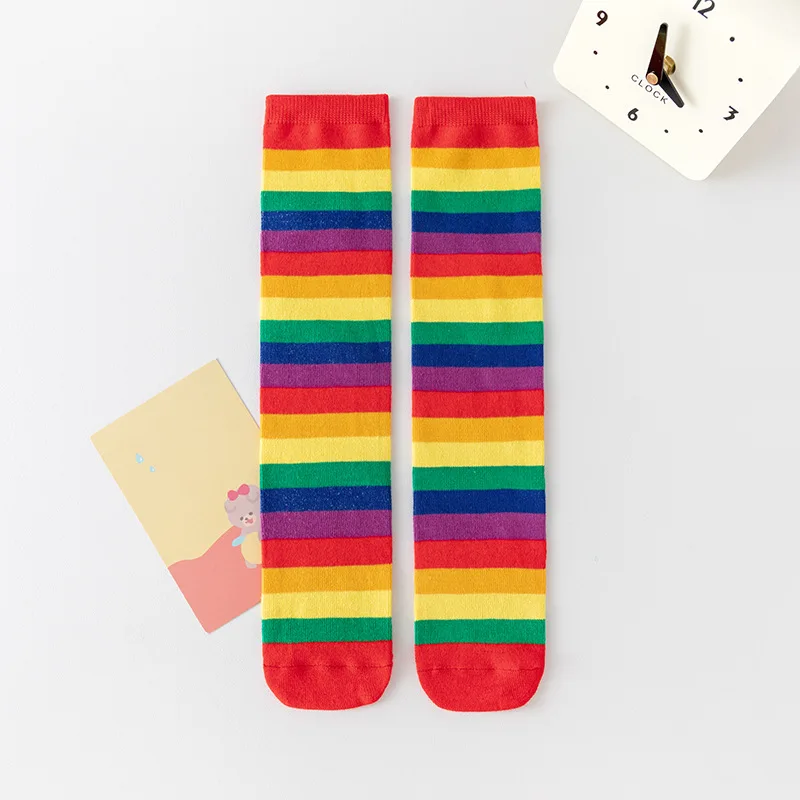 Spring Autumn Children&rsquo;s Long Stockings Rainbow Stripped Teen Girls Christmas Cosplay Party Socks Kids Girls Knee High Socks