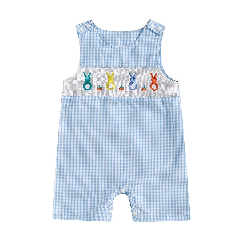 Newborn Baby Boys Girls Easter Jumpsuit Lovely Sleeveless Crewneck Egg Bunny Embroidery Plaid Tank Rompers for Toddlers 2