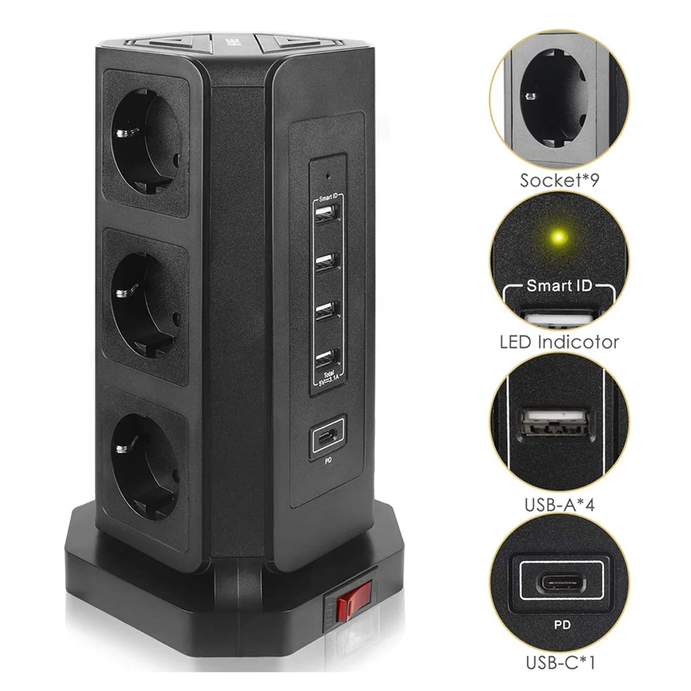 Vertical Power Strip eu Torre Elétrica kr Plug Tomada Cabo Usb tipo c Protetor de Curto Circuito 2m Cabo de Extensão eu - Image 4