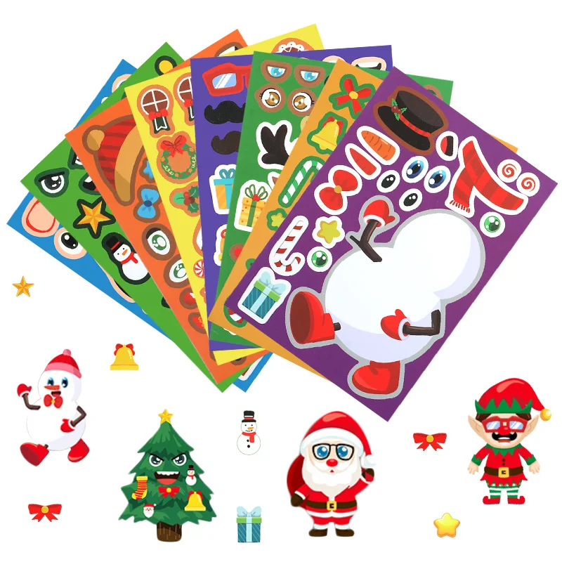 8/16Sheets Christmas Puzzle Stickers Santa Snowman Xmas Tree Make a Face Sticker Kids Party Favors Toy Gift New Year Decoration