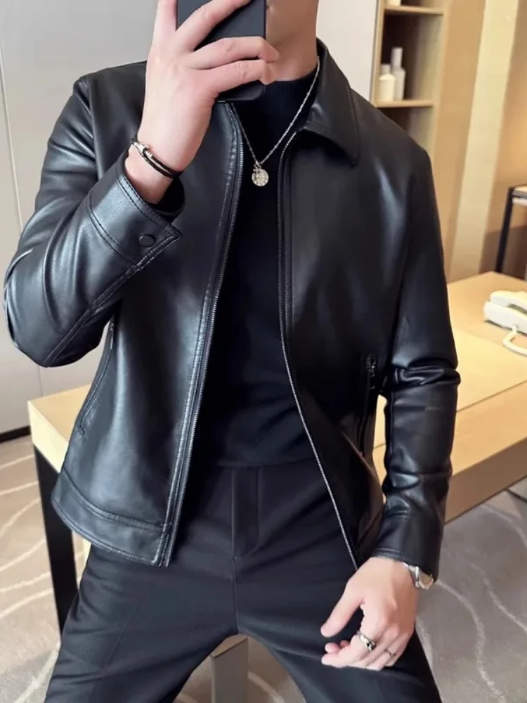 Spring and Autumn New Men's Sheepskin Jacket Business Casual Thin Section Jacket High-End Lapels Show Body Tops
