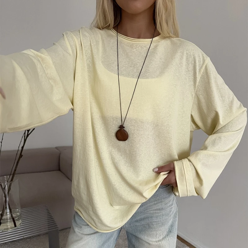 Women's New O-neck Long Sleeve T - Shirt Soft Fabric Oversized Trendy Knot Front Spring Autumn Fashion Tops