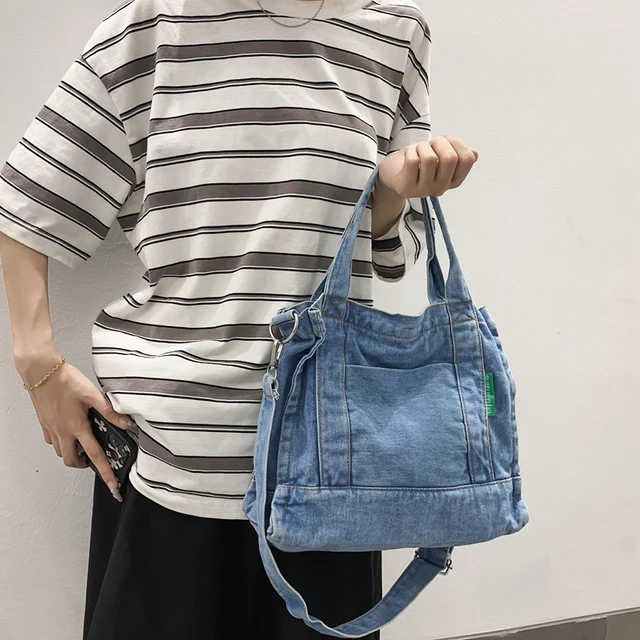Bolsos de mezclilla para mujer, bolso de hombro grande con cremallera, bolso de compras, bolso de mensajero de lona, bolso ecológico, bolsos Coreanos - Imagen 2