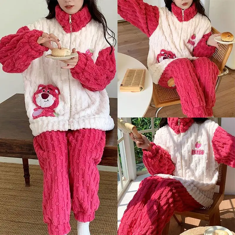 

Kawaii Miniso Lotso Pajamas Set Cartoon Cute Girl Heart Embroidery Coral Velvet Autumn Winter Thicken Keep Warm Women's Pajamas