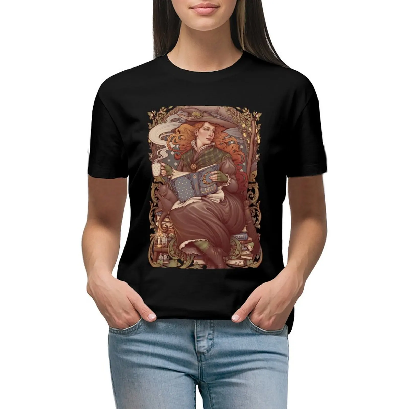 

NOUVEAU FOLK WITCH T-Shirt vintage Female clothing quick drying fashion woman blouse 2024
