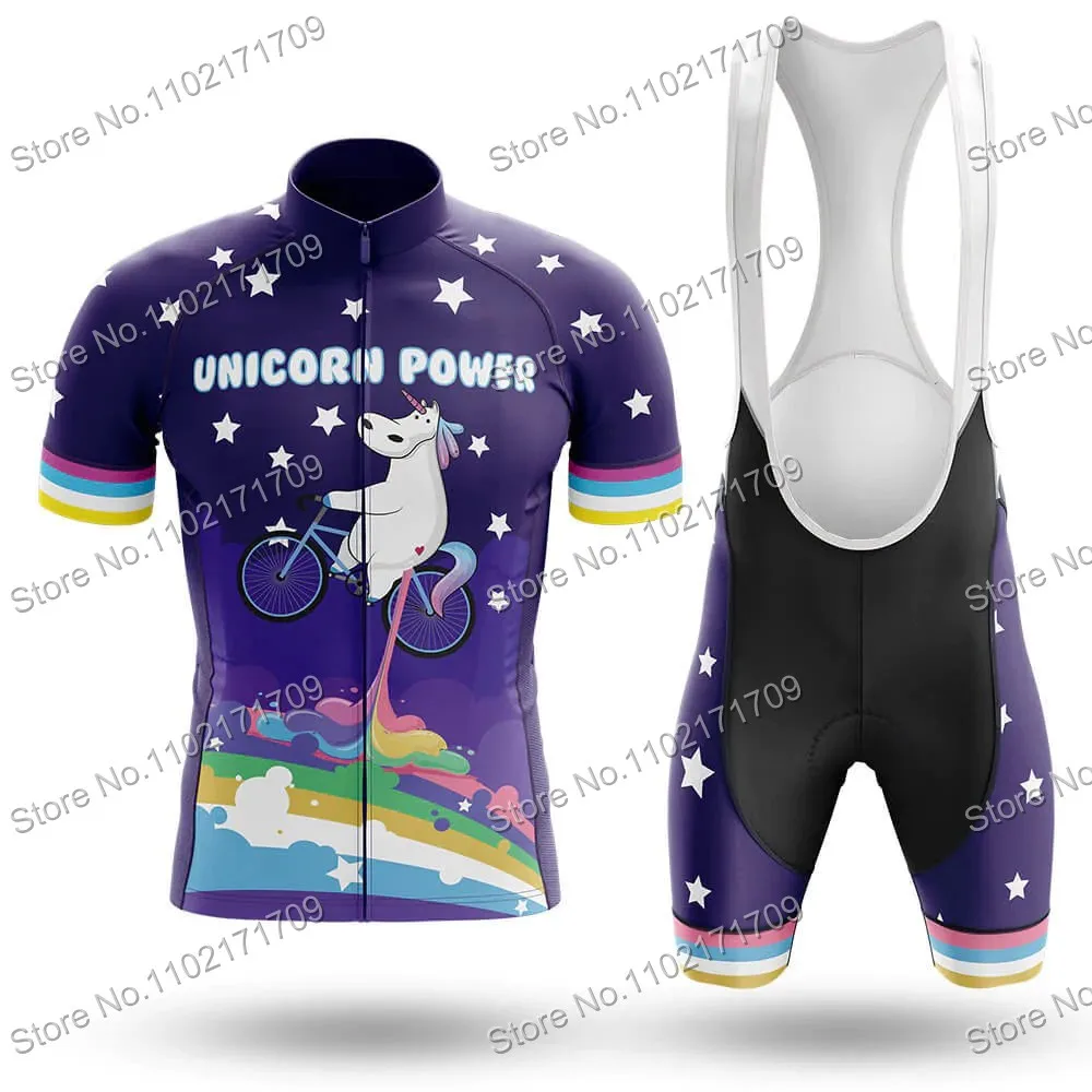 Power By Unicorn Cycling Jersey Set Short Sleeve Unicorn Bicycle Clothing Blue Summer Bib Shorts Kits MTB Maillot Ropa
