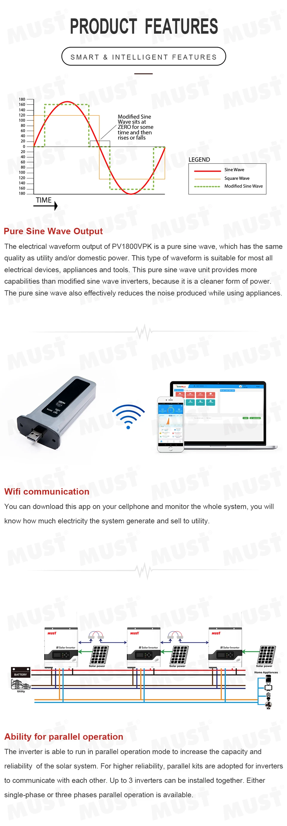 Description Picture 4 of itemMUST PV1800 VPK 24V 3KW 3024 Off Grid Solar Inverter Pure Sine Wave Output Build in 80A Charge Controller
