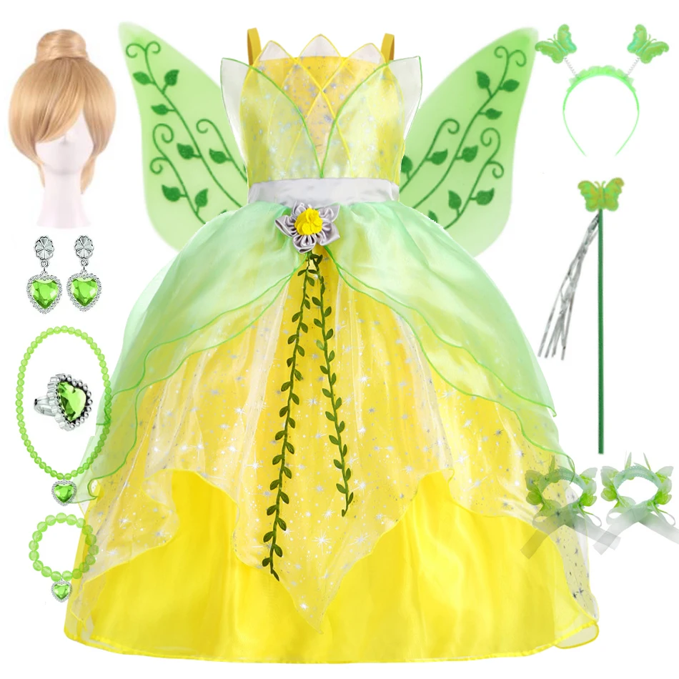 Tiana Dress Girl Princess Costume Cosplay Halloween Deluxe Tulle Dress Summer Theme Party Birthday Outfit