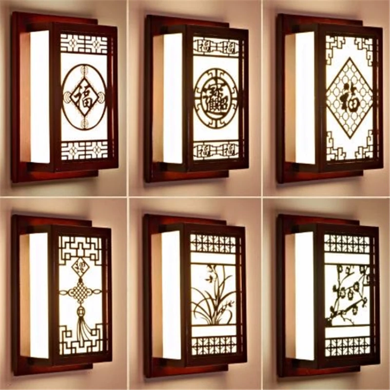 

Настенный светильник в китайском стиле, зеркальная деревянная лампа для гостиной, спальни, винтажная настенная лампа с китайским узелком и орхидеей для лестницы, коридора