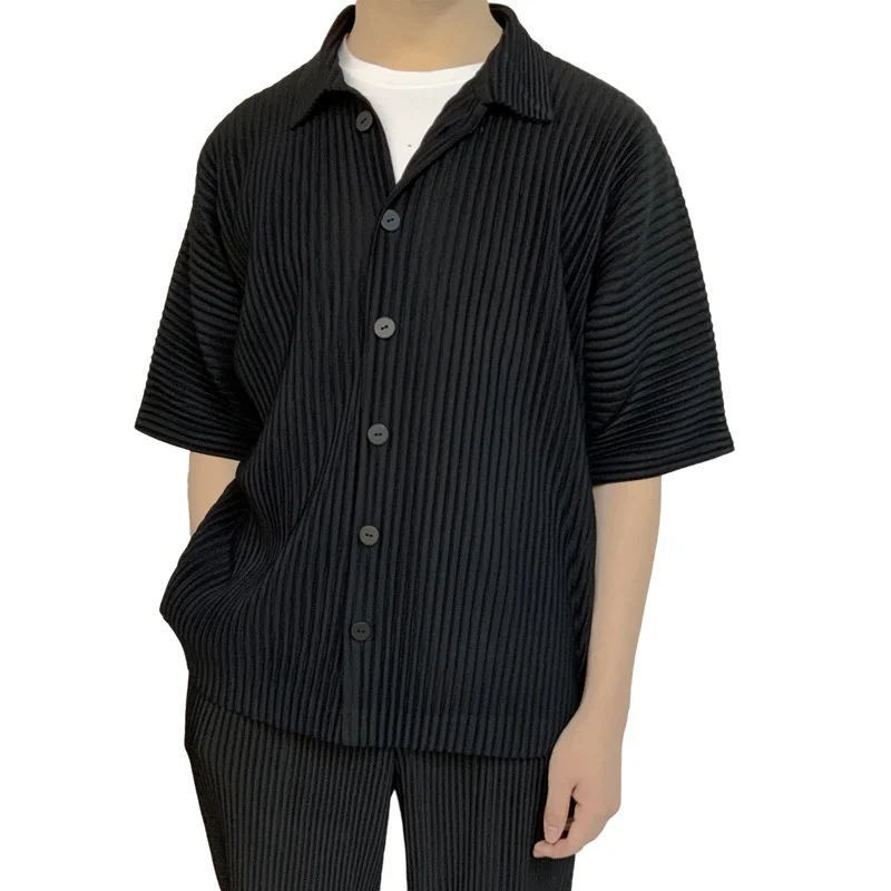 

Miyake Pleated Casual Suit Jacket Korean Version Loose 2023 Summer Short Sleeve Shirt Button Top Men Shirt Men
