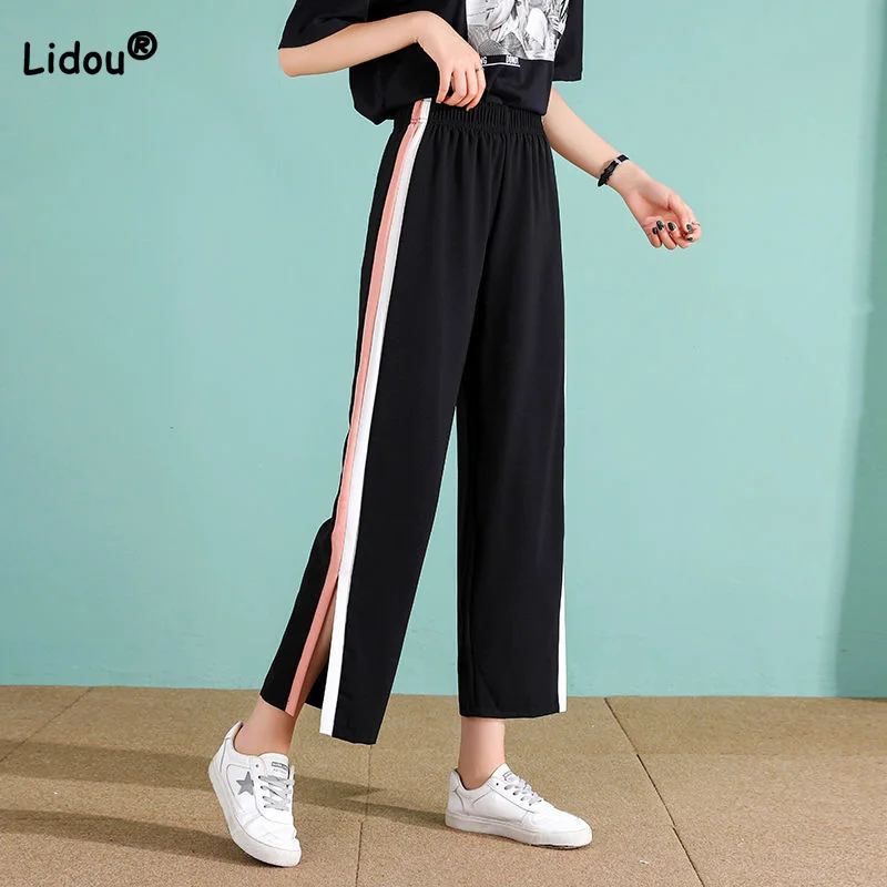 Casual Elastic High Waist Drape Patchwork Pockets Black Split Sports Pants Colored Side Stripes Wide Leg Nine Points Trousers casual elastic high waist drape patchwork pockets black split sports pants colored side stripes wide leg nine points trousers