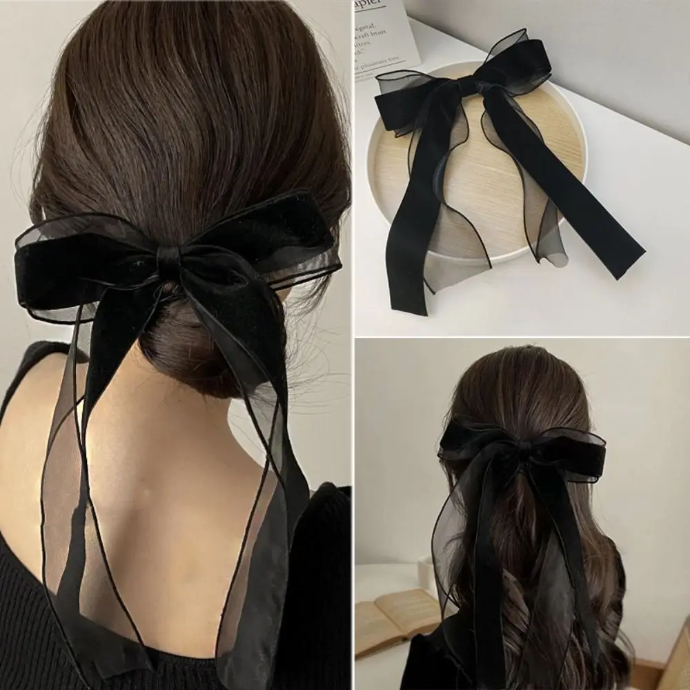 Black Hair Bows Hair Clip Retro Velvet Ribbon Hair Hoop Long Tulle Hepburn Style Hair Barrette Lady Girls