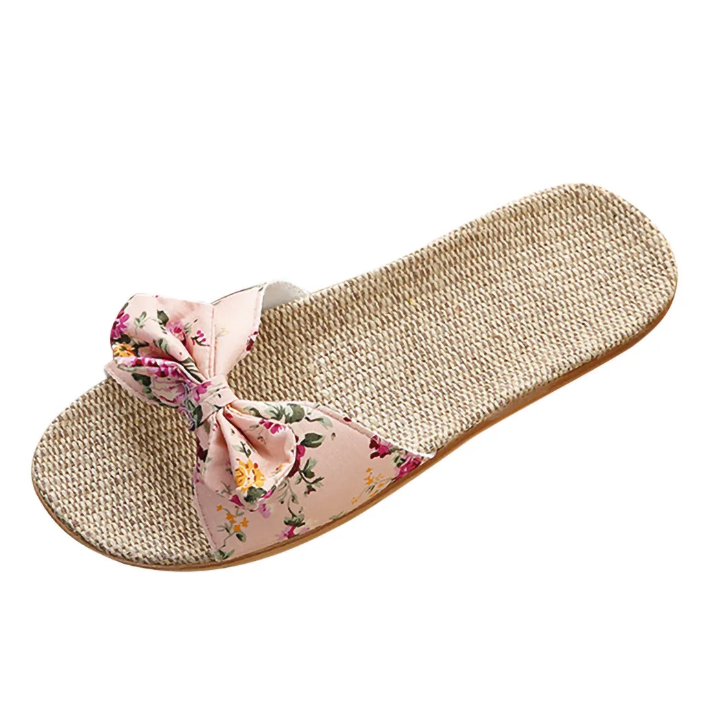 Ladies' Bohemian Style Bow Flower Linen Slippers Sandals Beach Shoes Home Shoes Beach Slippers Indoor Non Slip Shoes 2024