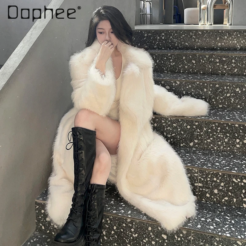 

Women's Winter Thickened Long Section Faux Fur Coat 2024 New Woman Loose Long Sleeve White Furry Thermal Quilted Overcoat