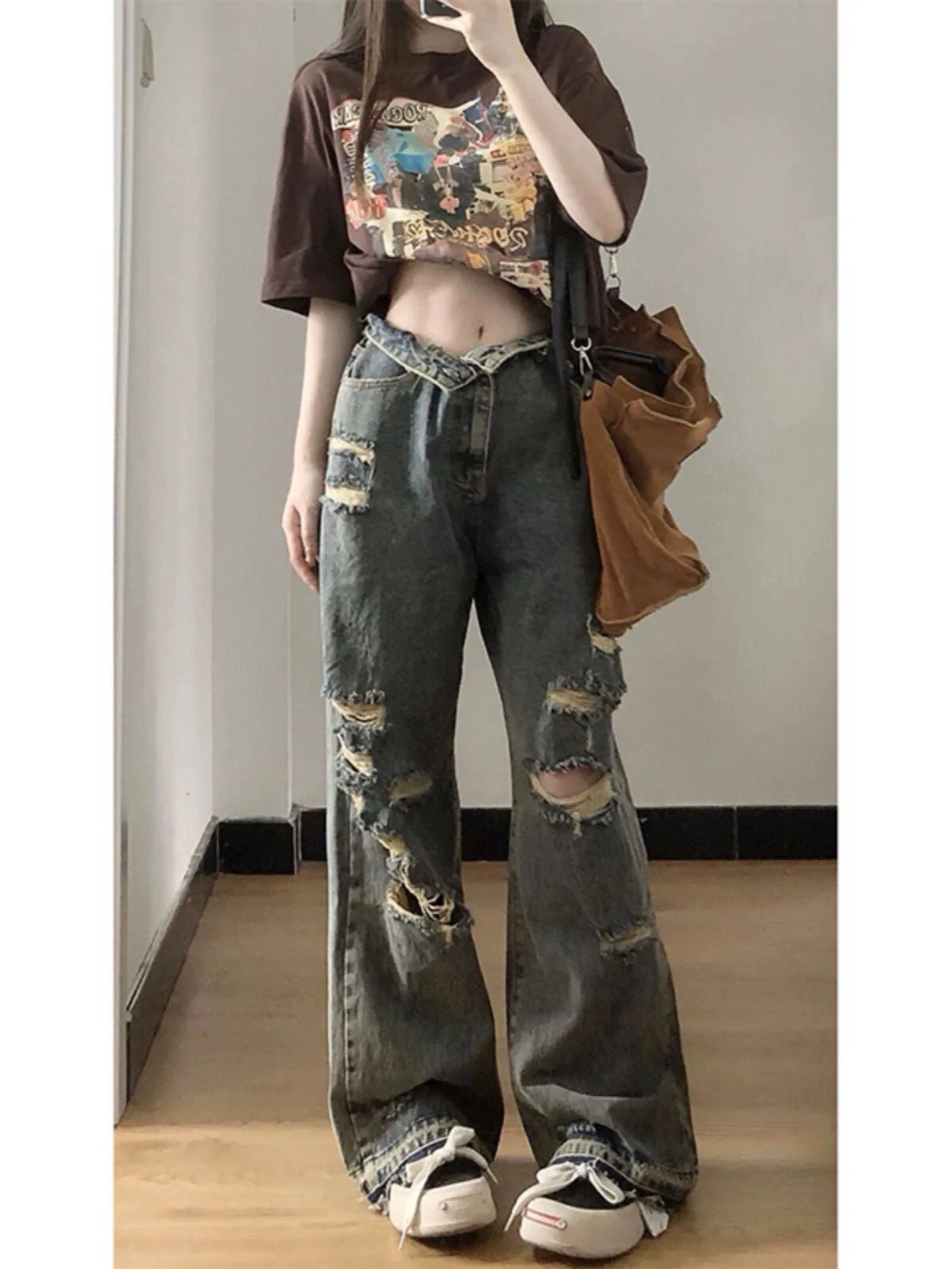Personality Wash Do Old Blue Straight Hole Beggar Jeans Men Women Loose Wide-legged Drag Pants Y2k