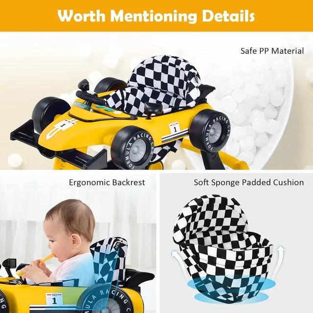 4-in-1 Baby Walker Activity Push Walker Adjustable Heights 360° Swivel Wheel Music & Light Foldable Car Walker for Boys Girls 4