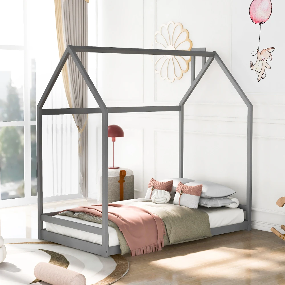 Twin Size House Bed Wood Bed, Gray(OLD SKU WF281435AAE) 3