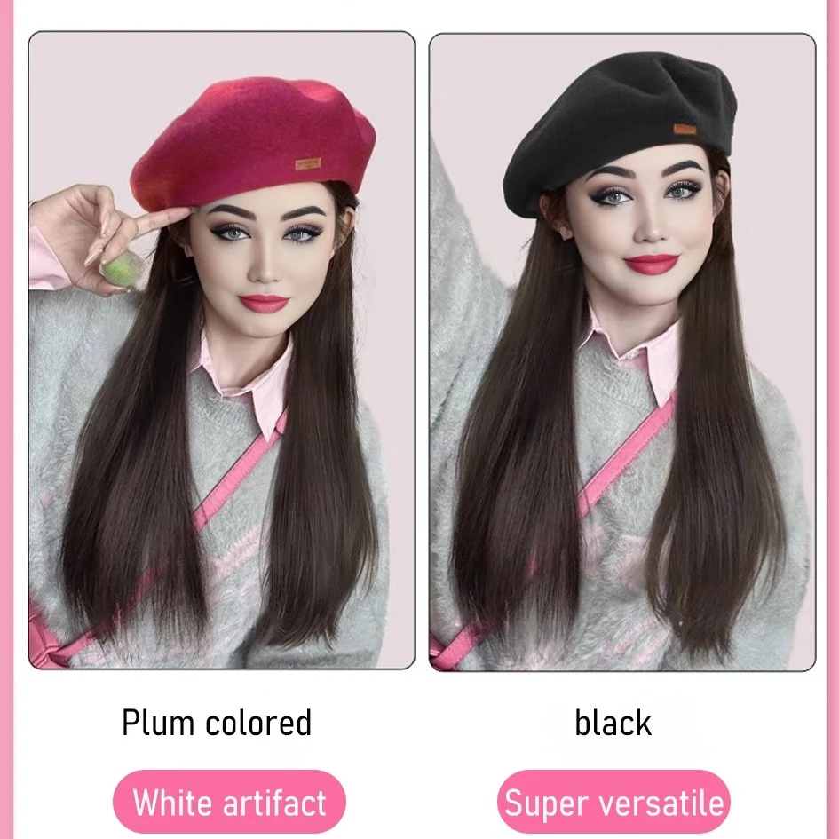 Synthetic 45cm/20 inch pink beret long straight hair with inner button wig, pink wig, pink/black hat, hat extension, Halloween
