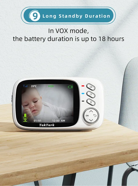 TakTark BM611 Monitor de bebé de 3.2 pulgadas con cámara y audio, audio de  2 vías, visión nocturna, zoom digital, modo VOX, temperatura ambiente