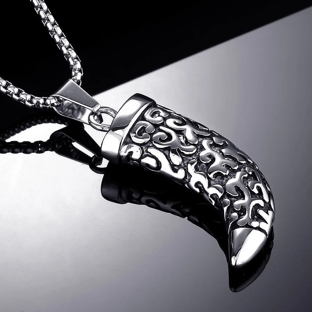 FIREBROS New Stainless Steel Horn Wolf Tooth Pendant Necklace 24" Chain Women Men Punk Rock Hiphop Jewelry Dropshipping