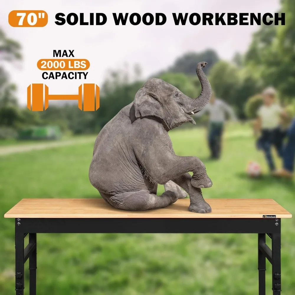 70" Adjustable Height Workbench, 2000 LBS Heavy Duty Work Table with Power Outlets & Pegboard, Rubber Wood Workstation for 5