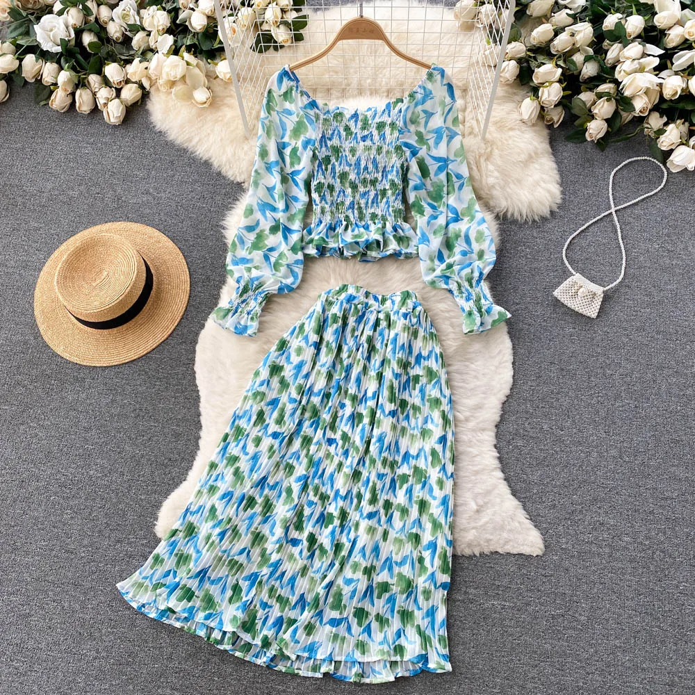 

Travel Shoot Holiday Chiffon Suit Women's Off Shoulder Short Long-sleeved Shirt High-waisted Skirt Two-piece