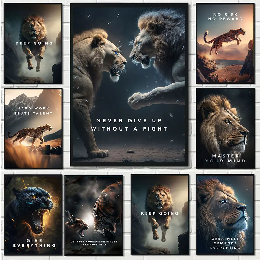 

Motivational Quote Posters and Print Abstract Wildlife Animal Lion Tiger Canvas Painting Wall Art Pictures For Office Home Decor