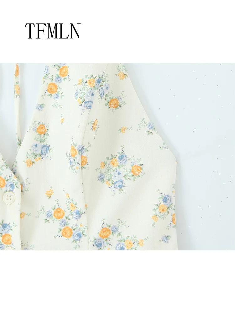 TFMLN 2025 Summer Women Floral Print Halter Dress Sweet Ladies Single Breasted Party A-Line Dress Fashion Causal Backless Dress