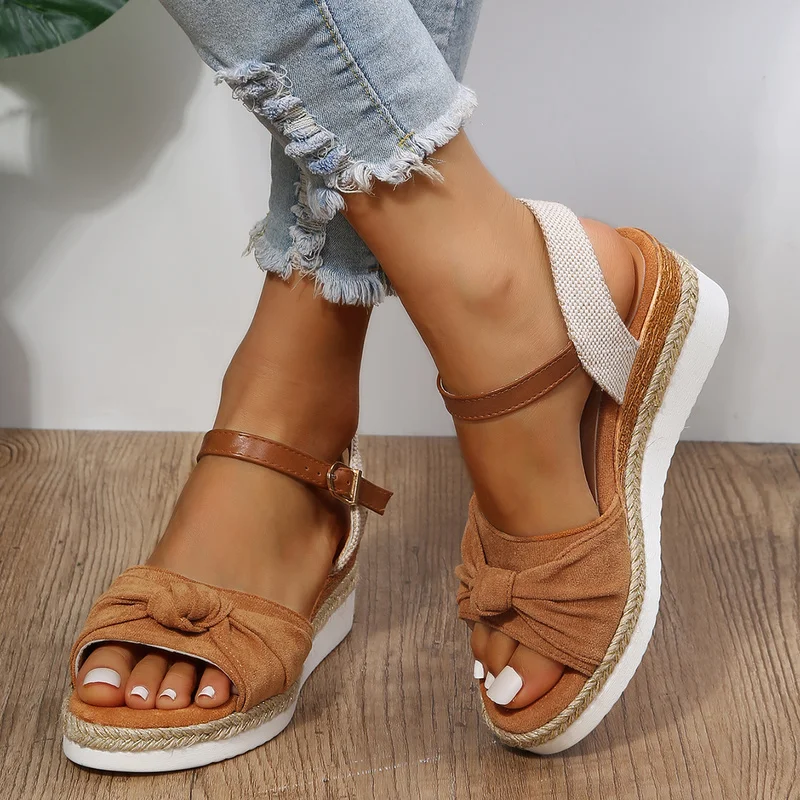 

Women's Shoes New Bow Hemp Rope Bottom Wedges Casual Beach Vacation Ladies Sandals Large Size 36-42 Open Toe Sandals Summer 2022
