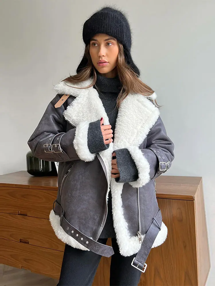 

Women Vintage Zipper Patchwork Fur Short Jacket Fashion Long Sleeves Pocket Adjustable Cuffs Coat 2023 Winter High Streetwear
