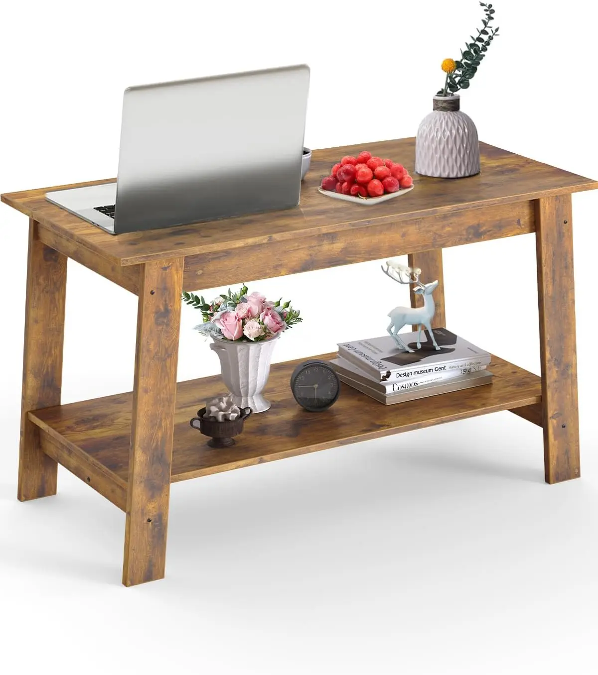 Coffee Table, Rustic Coffee Tables for Living Room, Outdoors, Home Office, Bedroom, Wood Living Room Tables with 2-Tie, Brown 3