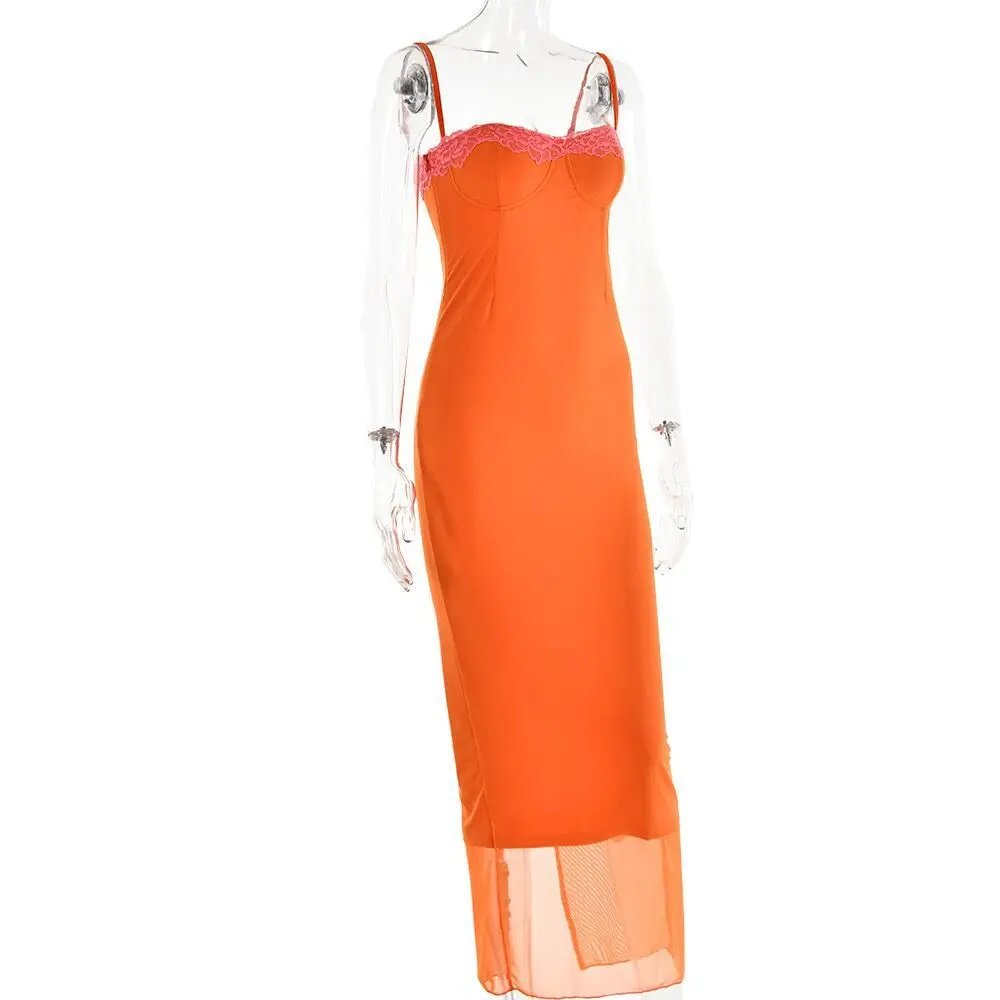 New Orange Mid length Dress Lace Wrapped Strap Sexy Dress