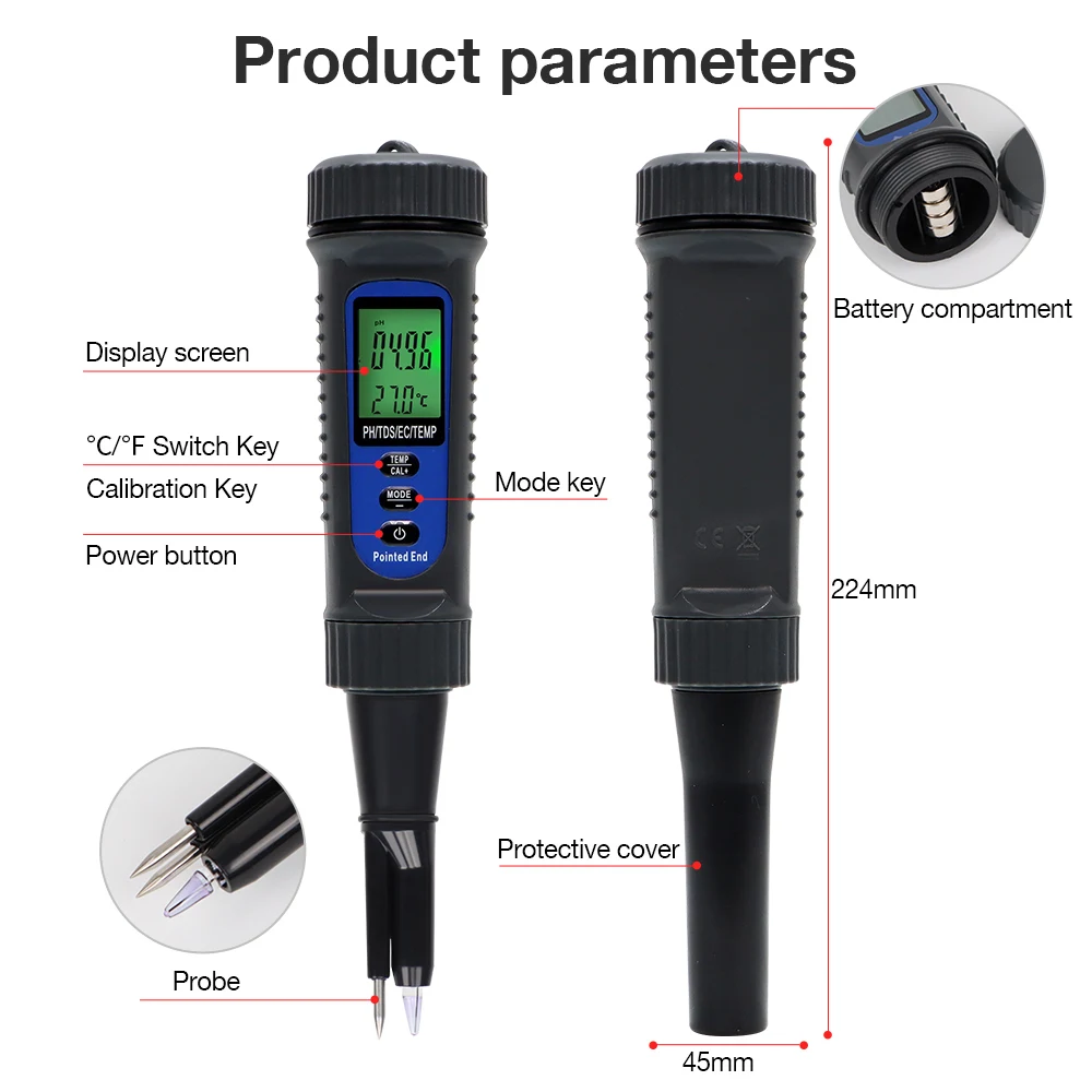 Digital Food PH Meter 4 in 1 LCD Display EC TDS Temp PH Meter Soil Tester