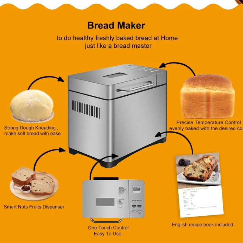 220V Household bread Maker fully automatic intelligent noodle fermentation multi-functional breakfast bread machine Maker 650W