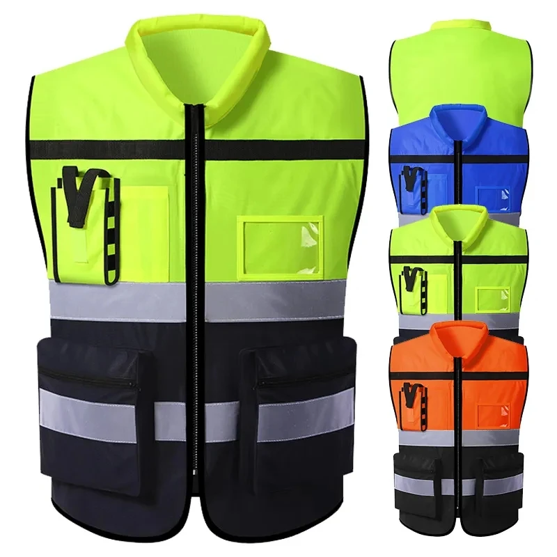 Safety Vest Reflective Men Work Pockets Zipper Construction Two Tone Workwear Reflector