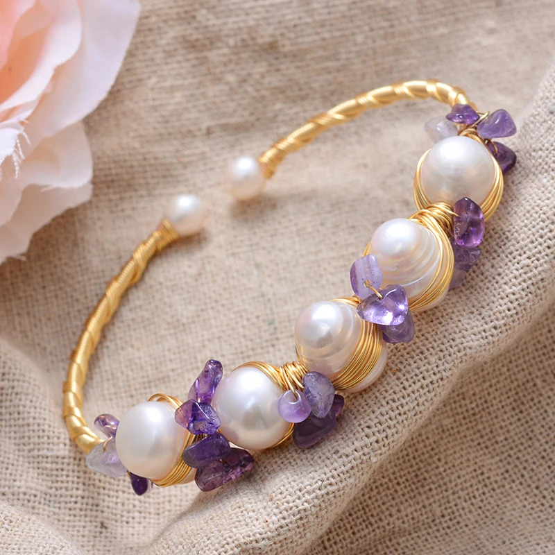 Sonateomber Multicolor Freshwater Pearl Bracelet For Women - Paperclip Chain With Purple Beads, Rosary Style Bangle Gift
