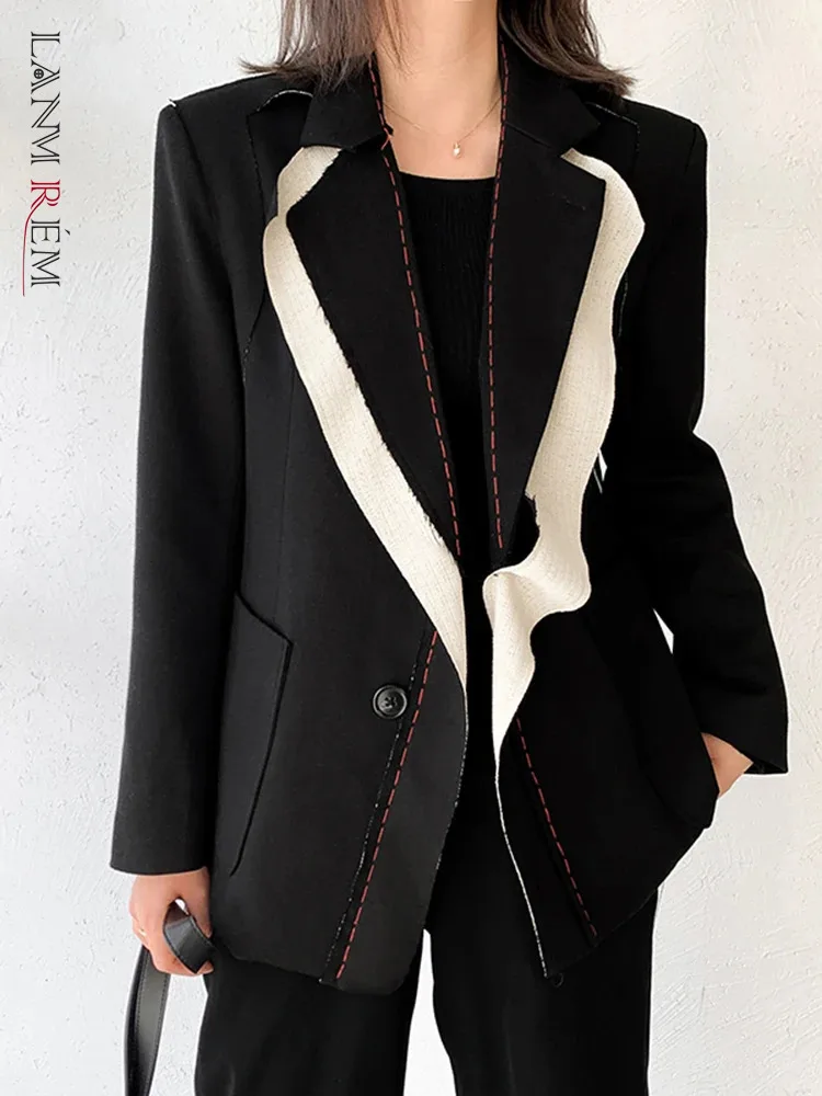 

[LANMREM] Fashion Designer Contrast Color Burr Blazer Women's Lapel Loose Fit Jacket Streetwear Tide Spring 2024 New Coats