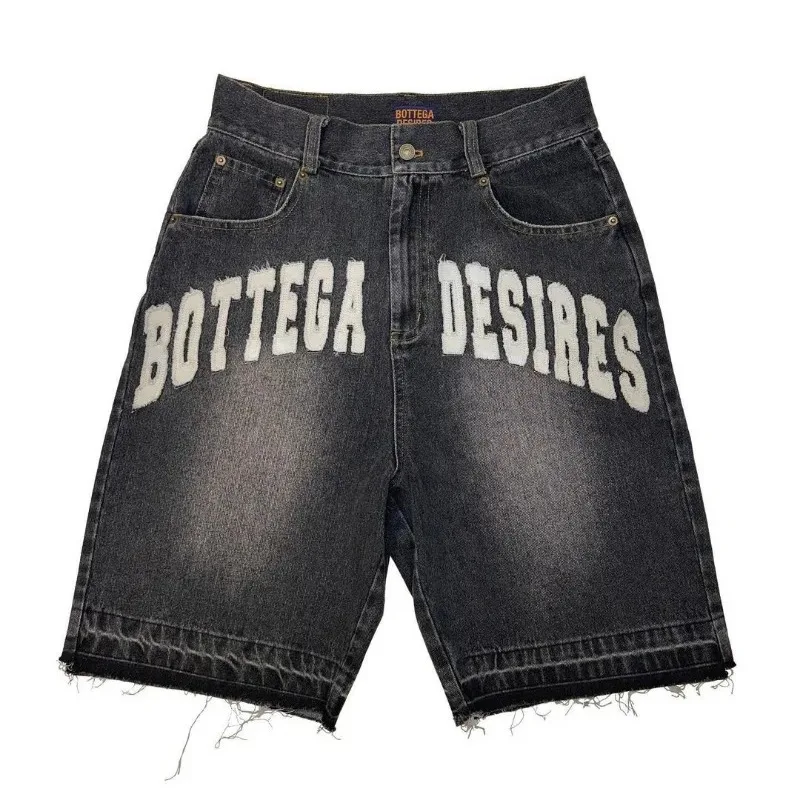 American Street Letter Embroidered Retro Denim Shorts Men's Casual Embroidered Bone Denim Shorts Men's and Women's Gym
