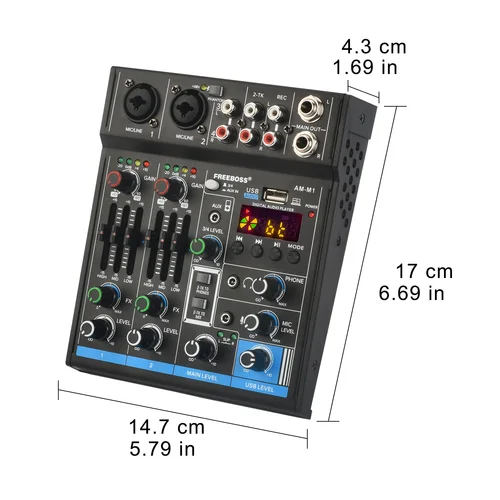 FREEBOSS 4 채널 믹싱 콘솔, 5.0 블루투스 RCA 3.5 입력, 사운드 오디오 믹서, USB PC 녹음 재생, 웨딩 파티 AM-M1, 48V 5