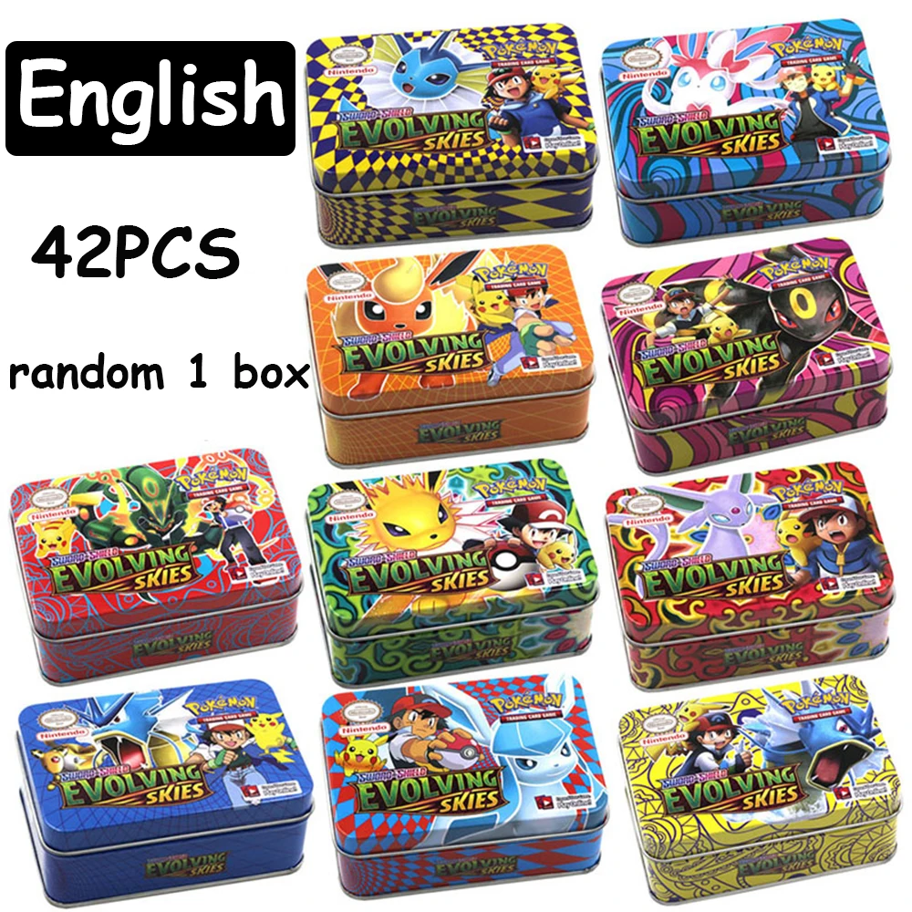 

English Version Random 42 Pcs Iron box Pokemon Cards Gold Sliver Spanish Vmax GX Energy Card Rare Collection Battle Trainer Boy