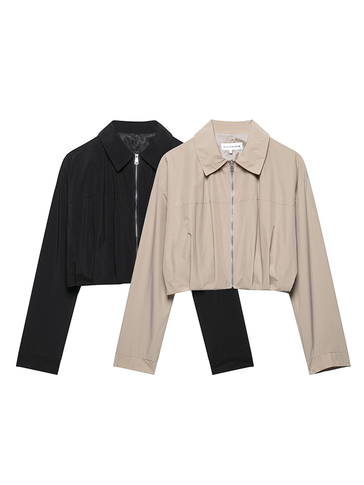 KUCLUT Women Fashion Solid Pleated Front Zipper Jackets Vintage Lapel Neck Long Sleeves Female Chic Lady Outfits