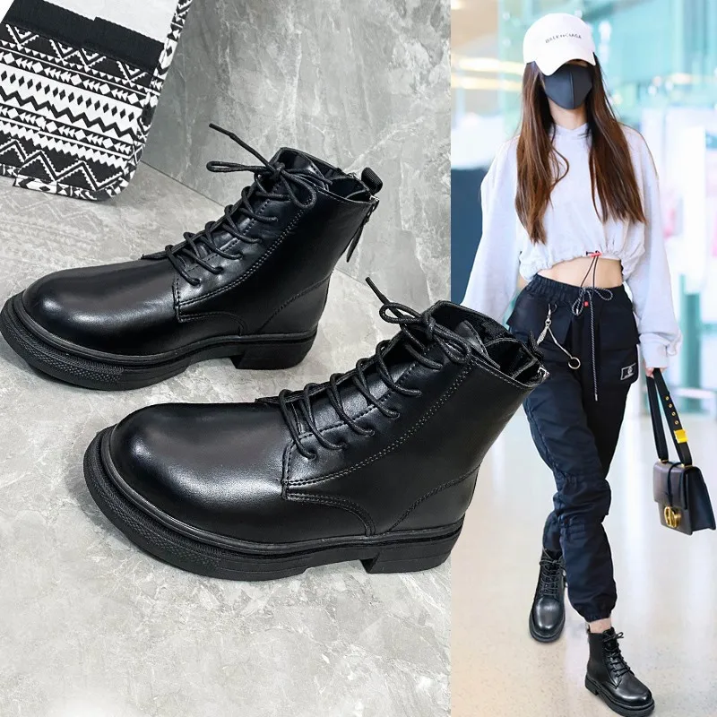 2022 Motorcycle Women's Boots Winter Soft Leather Shoes Black Botas Wedges Female Lace Up Platforms Women White Botas Mujer