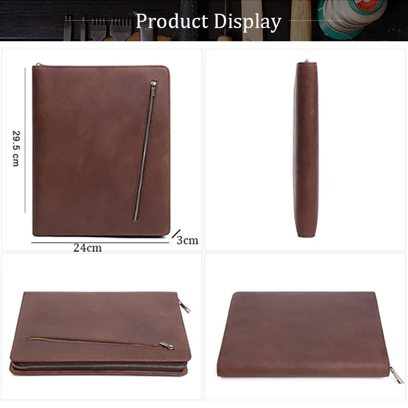 Padfolio with Zipper Genuine Leather Briefcase Portfolio Folder for Ipad Business Card Notebook Organizer File Package leather folder office padfolio