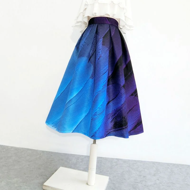 

Pengpeng Skirt French High Waist Gradient Blue Print A-shaped Pocket Personalized Casual Cover Belly Half Skirt Female Tops